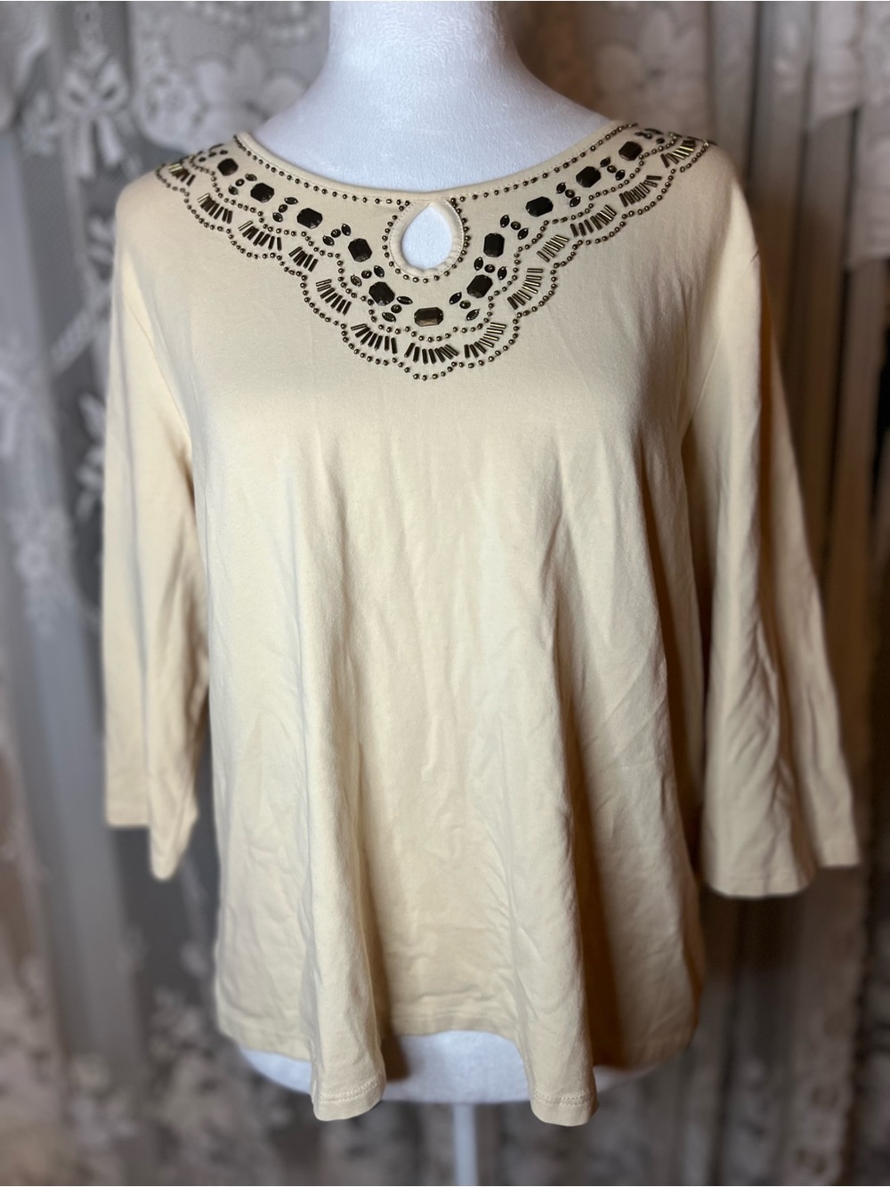 TanJay Cream Short Sleeve Top with Embellished Keyhole Neckline